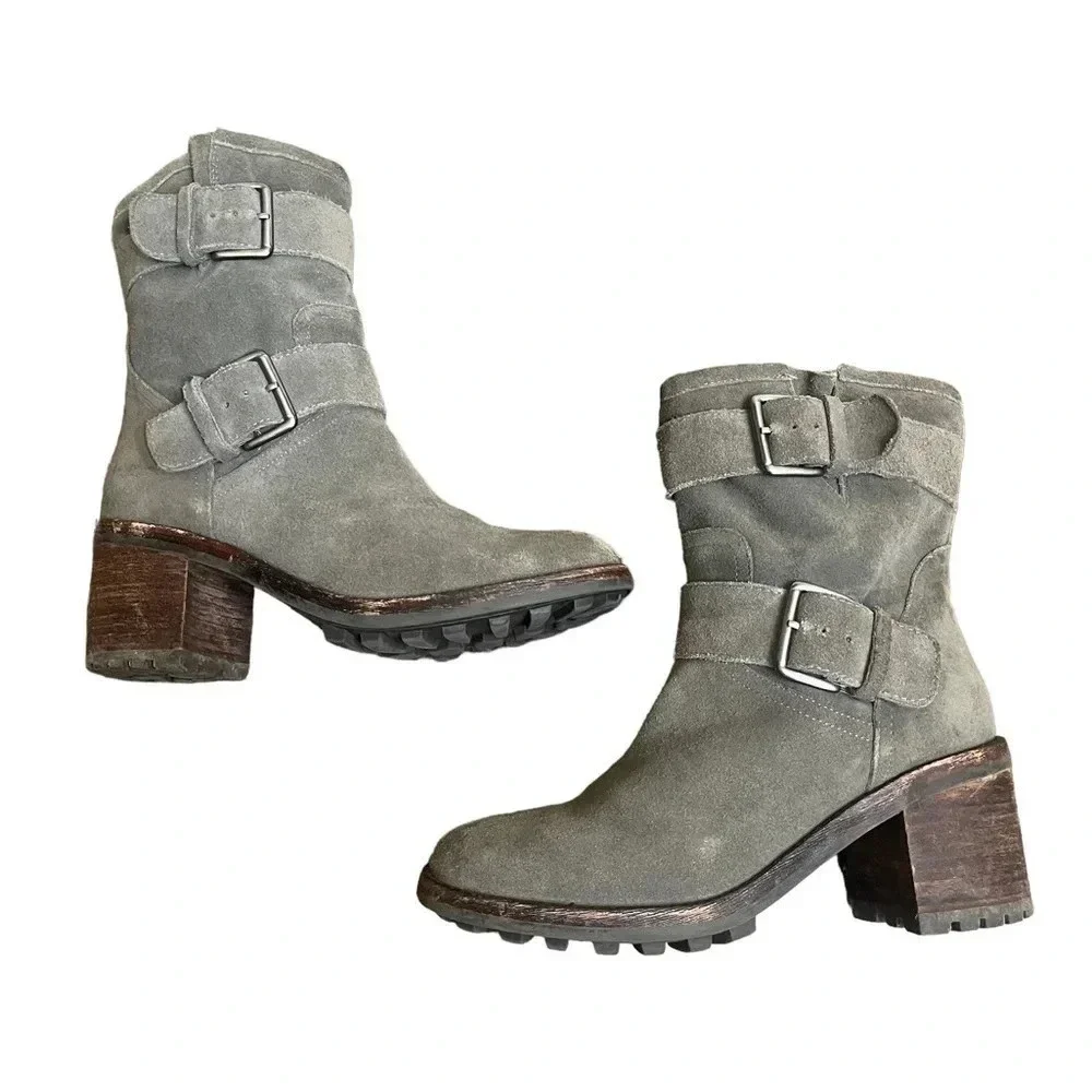 Sam Edelman Troy Gray Suede Buckle Moto  Boots Women’s size 7.5 - Picture 12 of 16